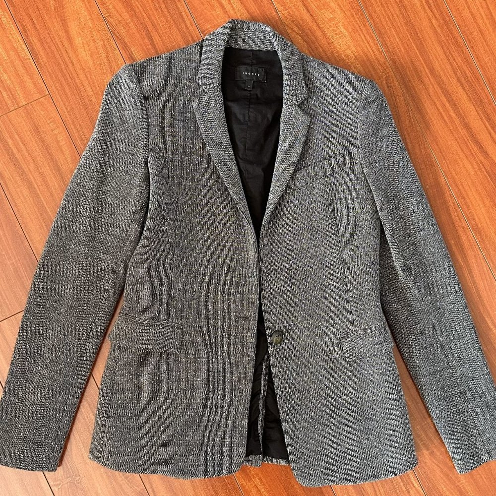 Theory Slim Fit Mixed Blend Women's Blazer - Size 2 - Dark Gray/White Jacquard